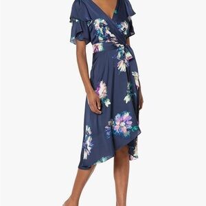 DKNY Women's Floral Double Ruffle Sleeve Wrap Dress in Navy/Midnight Combo